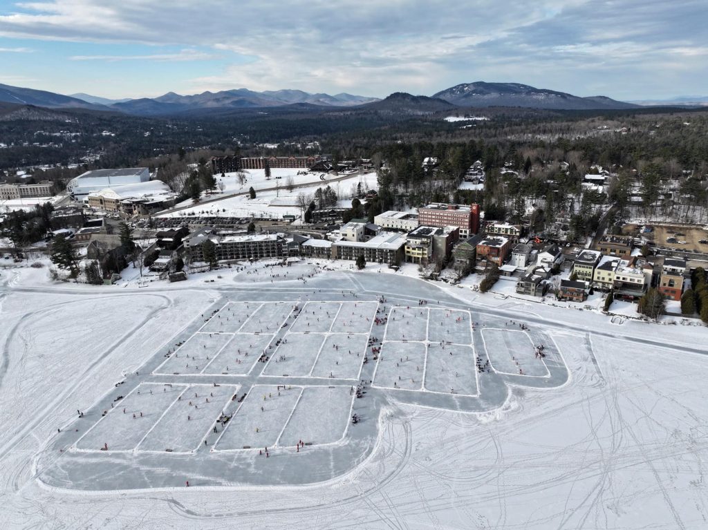 Views of the Golden Arrow from Mirror Lake during Pond Hockey